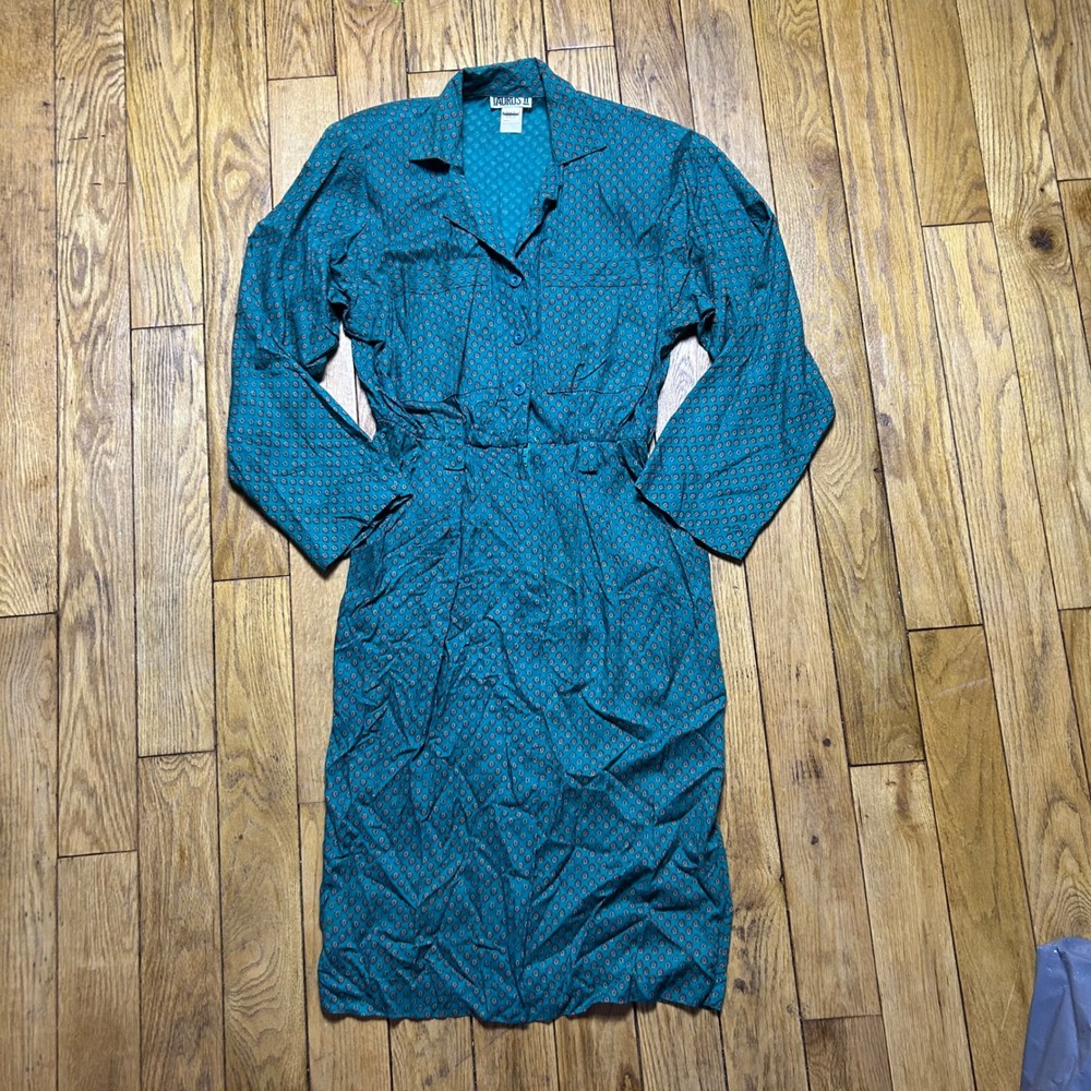 Vintage Taurus II Teal Paisley Button Front Midi Shirt Dress Size 6 Green